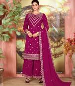 Dark pink color embroideried faux chiffon semi stitched salwar suit