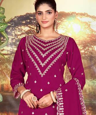 Dark pink embroidered faux chiffon salwar suit 2