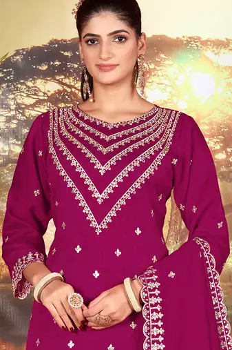 Dark pink embroidered faux chiffon salwar suit