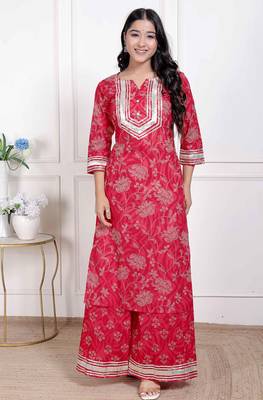  women's red cotton gota work kurta with palazzo 1