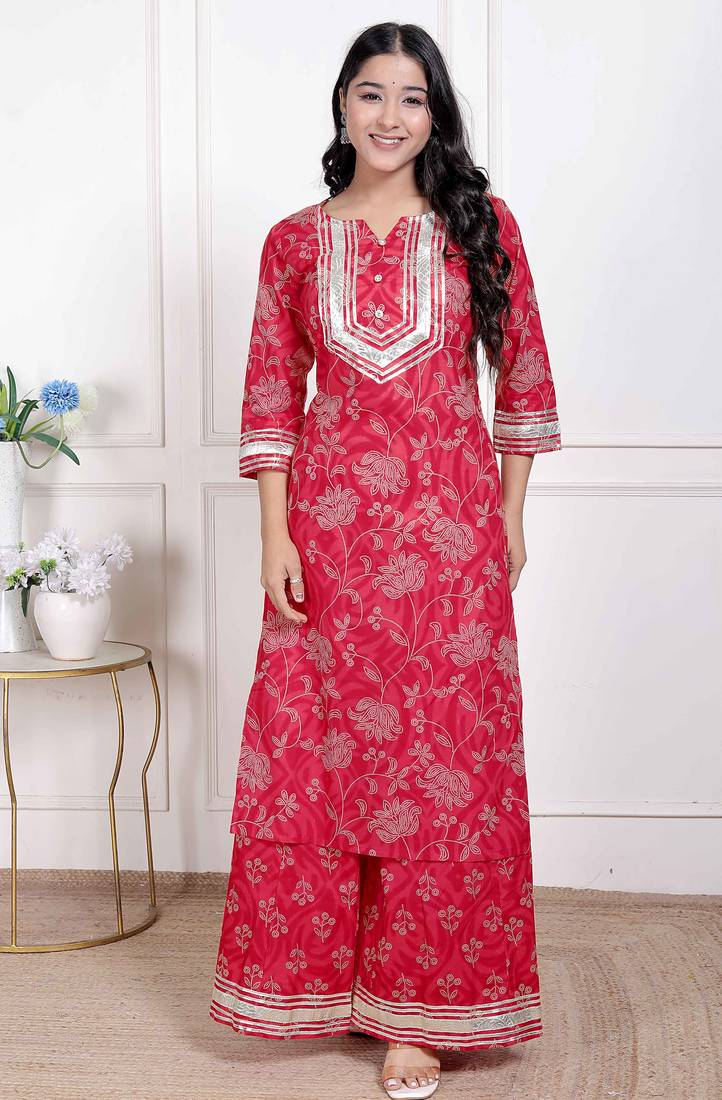 Doriyaan women's red cotton gota work kurta with palazzo