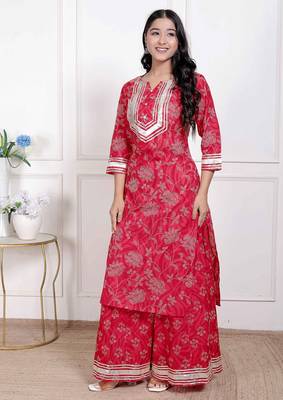 women's red cotton gota work kurta with palazzo 2