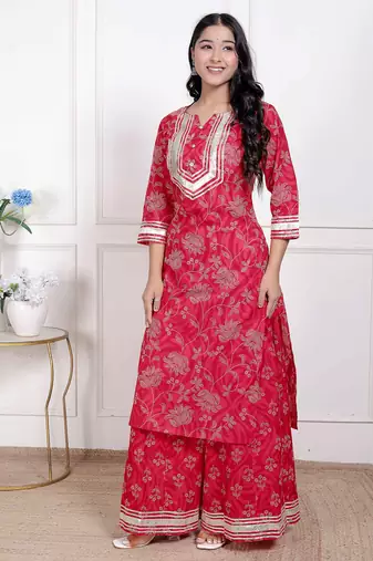  women's red cotton gota work kurta with palazzo