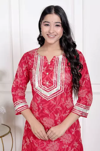  women's red cotton gota work kurta with palazzo
