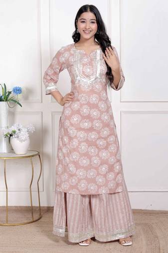 Women brown floral printed straight ethnic kurta with palazzo