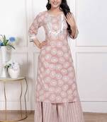 Women brown floral printed straight ethnic kurta with palazzo