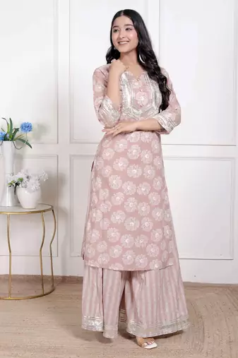 Women brown floral printed straight ethnic kurta with palazzo