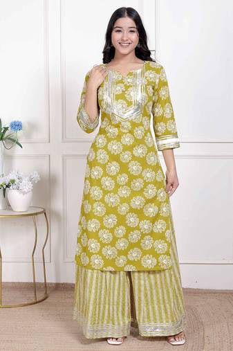 Doriyaan women's lime yellow block printed kurta with palazzo