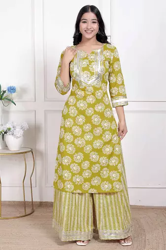Doriyaan women's lime yellow block printed kurta with palazzo