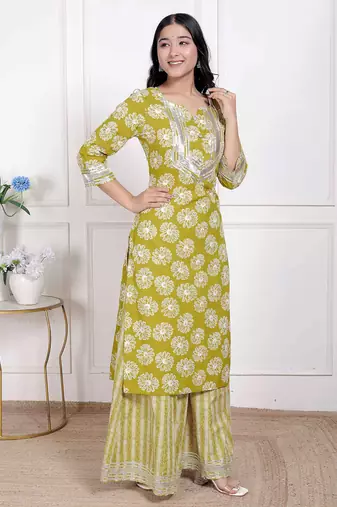  women's lime yellow block printed kurta with palazzo
