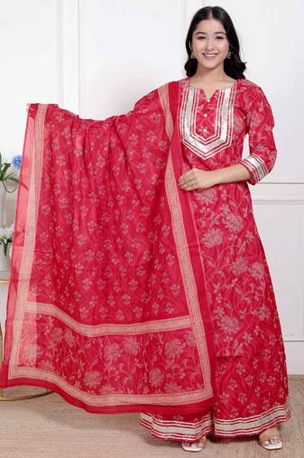 Doriyaan red floral print embroidered cotton  straight kurta with palazzo & dupatta