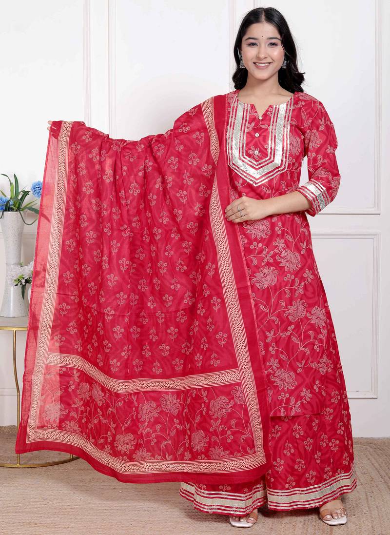 Doriyaan red floral print embroidered cotton  straight kurta with palazzo & dupatta
