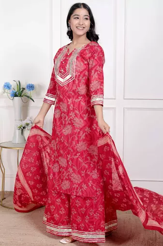  red floral print embroidered cotton  straight kurta with palazzo & dupatta