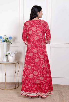  red floral print embroidered cotton  straight kurta with palazzo & dupatta 3