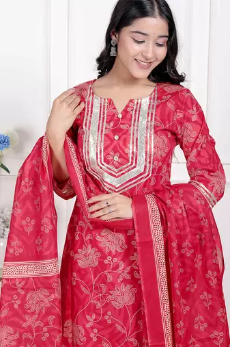  red floral print embroidered cotton  straight kurta with palazzo & dupatta