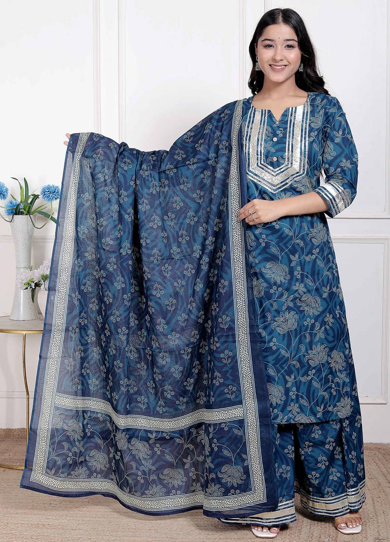 Doriyaan women's gota patti cotton kurta paired with palazzo and dupatta