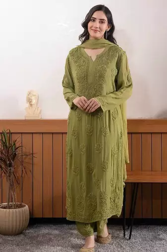 Olive embroidered Georgette suit Set