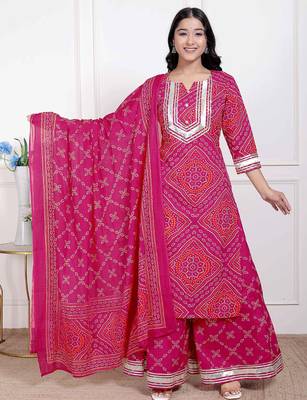  women's pink bandhani printed straight kurta with palazzo & dupatta 1