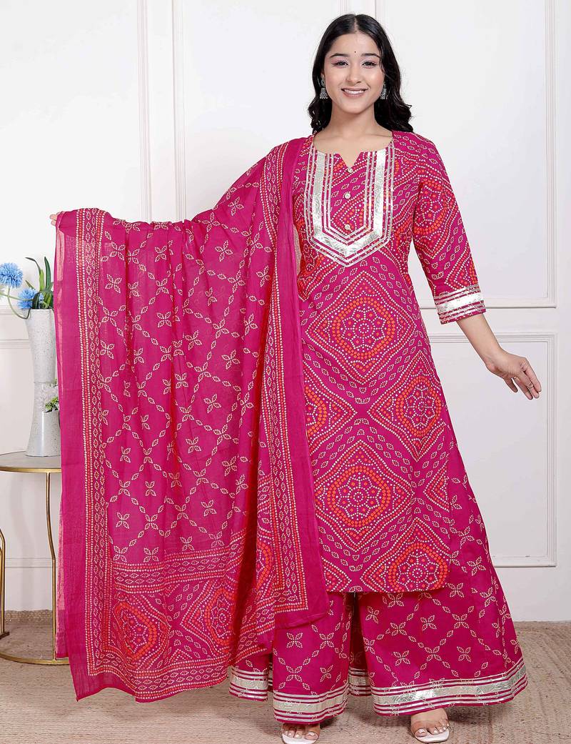 Doriyaan women's pink bandhani printed straight kurta with palazzo & dupatta