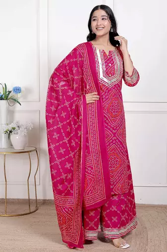  women's pink bandhani printed straight kurta with palazzo & dupatta
