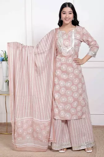 Doriyaan women brown floral printed cotton straight ethnic kurta with palazzo and dupatta