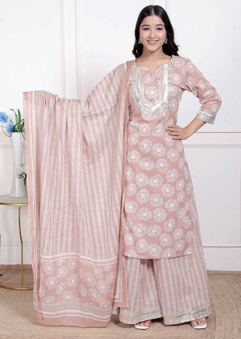 Doriyaan women brown floral printed cotton straight ethnic kurta with palazzo and dupatta