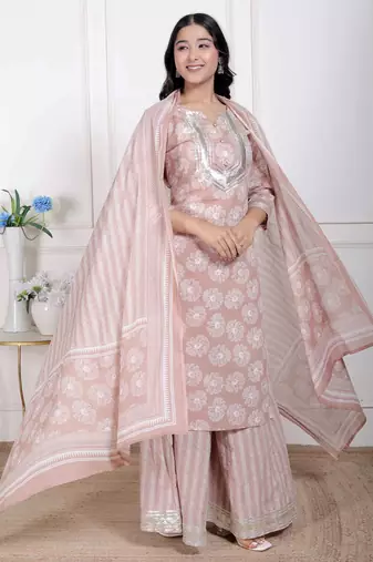  women brown floral printed cotton straight ethnic kurta with palazzo and dupatta