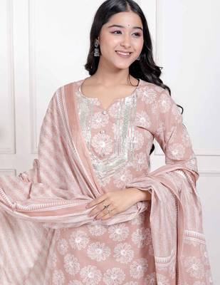  women brown floral printed cotton straight ethnic kurta with palazzo and dupatta 3