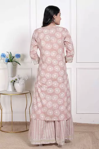  women brown floral printed cotton straight ethnic kurta with palazzo and dupatta