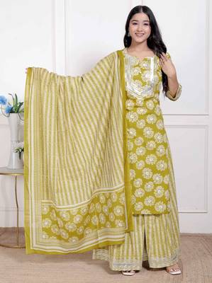  women's lime yellow embroidered straight kurta with palazzo and dupatta 1