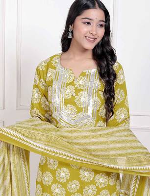  women's lime yellow embroidered straight kurta with palazzo and dupatta 3