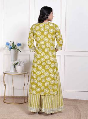  women's lime yellow embroidered straight kurta with palazzo and dupatta 4