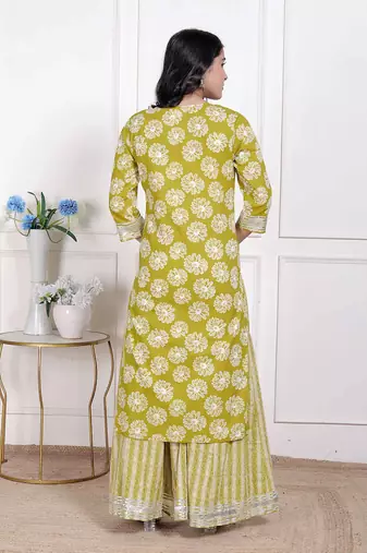  women's lime yellow embroidered straight kurta with palazzo and dupatta