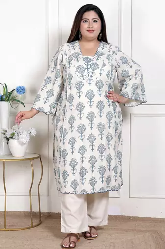 Doriyaan womens plus size off white floral printed cotton flex kurta with pant