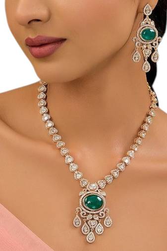 Gold plated green stone kundan necklace set