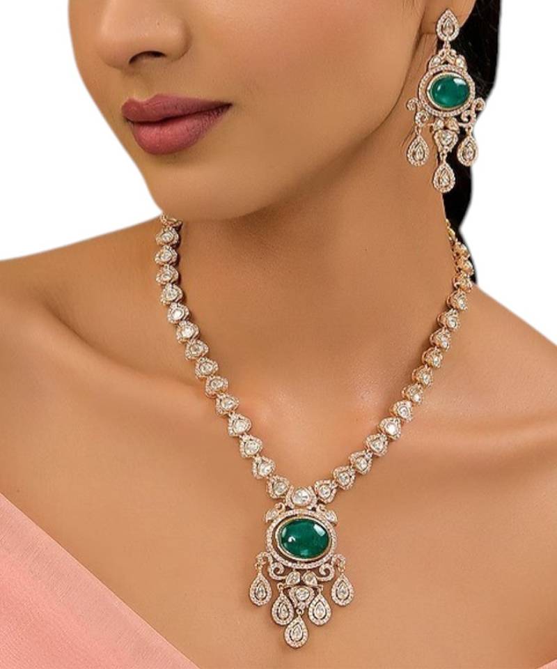 Gold plated green stone kundan necklace set