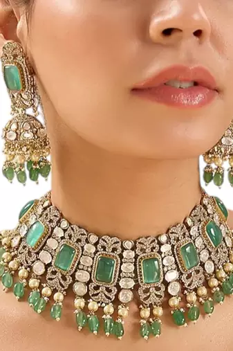 Gold plated blue stone kundan choker necklace set