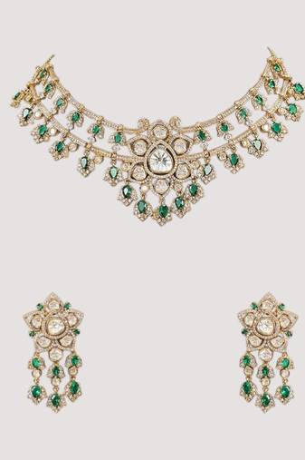 Gold plated green stone kundan necklace set