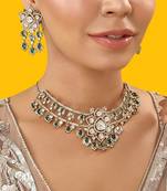 Gold plated green stone kundan necklace set