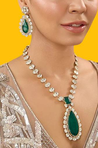 Gold plated green stone kundan necklace set
