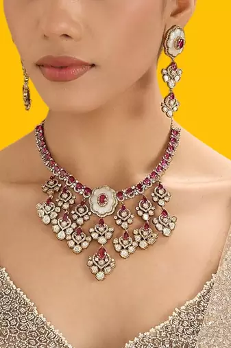 Gold plated red stone kundan necklace set