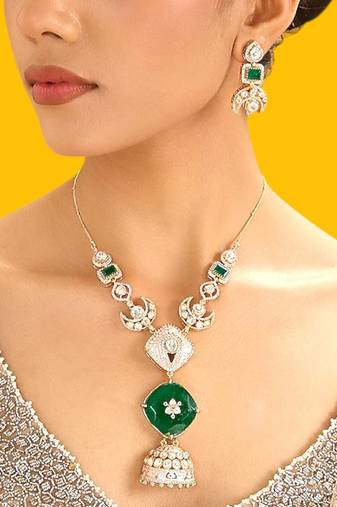 Gold plated green stone kundan necklace set