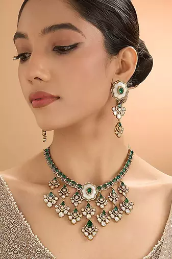 Gold plated green stone kundan necklace set