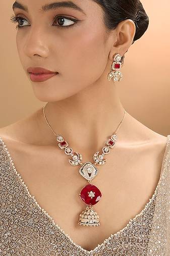 Gold plated red stone kundan necklace set