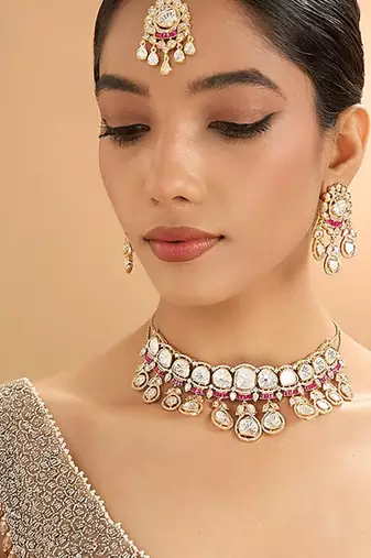 Gold plated pink stone kundan choker necklace set