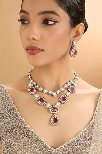 Gold plated red stone kundan layered necklace set