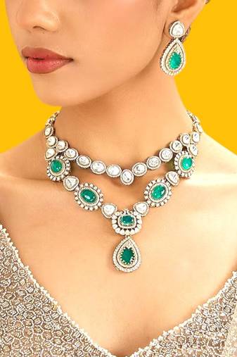 Gold plated green stone kundan layered necklace set