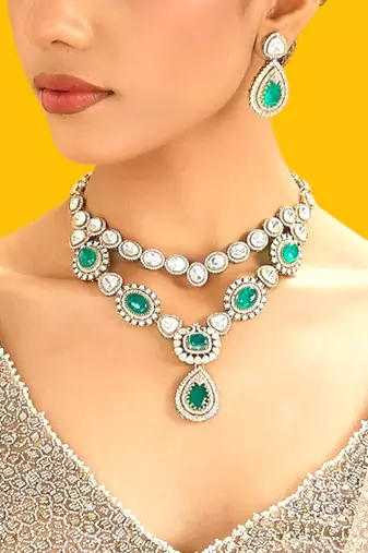 Gold plated green stone kundan layered necklace set