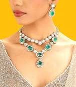 Gold plated green stone kundan layered necklace set
