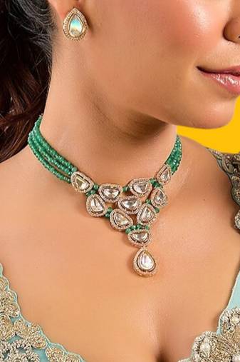 Gold plated green stone kundan necklace set